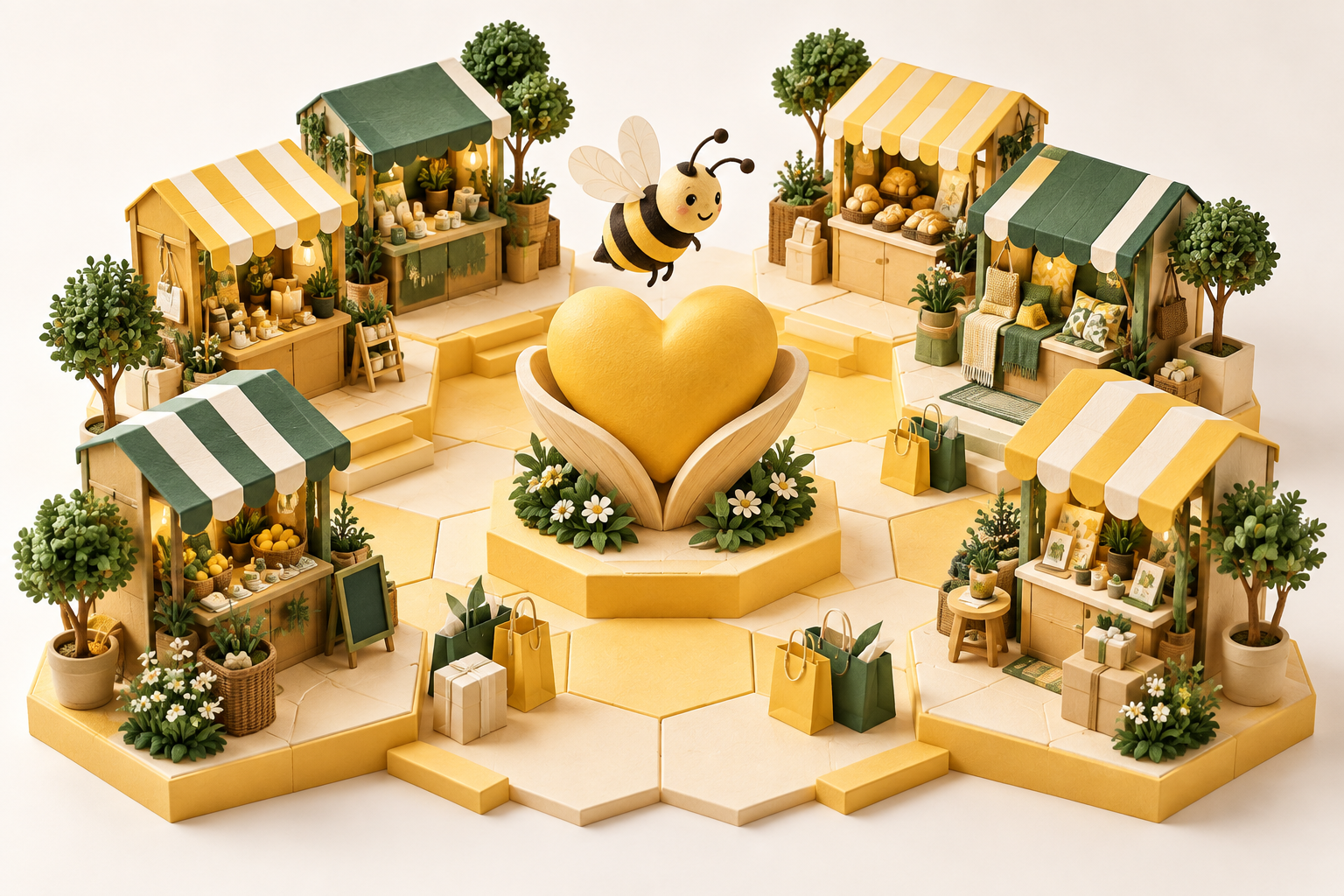 A welcoming honeycomb marketplace with a bee, market stalls, and a heart at its center